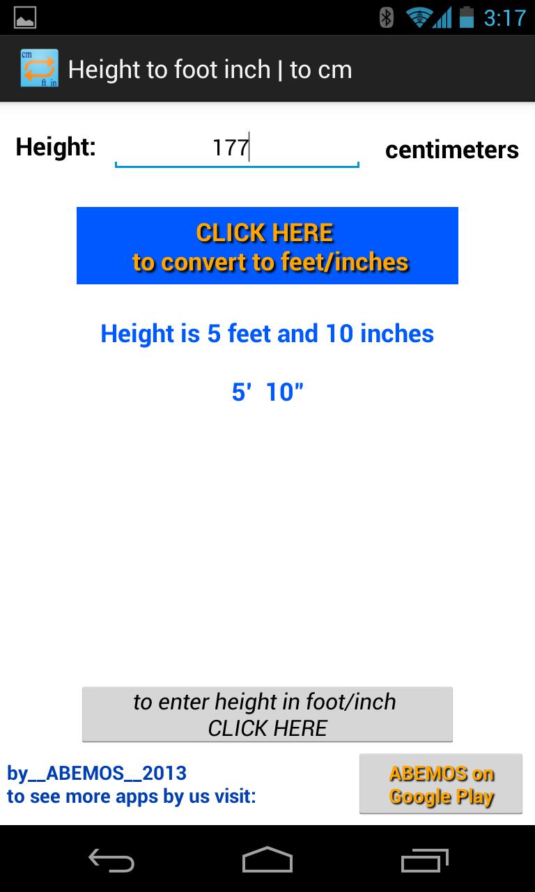 Height Converter feet-inch cm