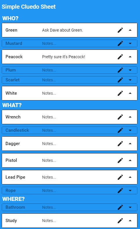 Simple Clue Sheet (Cluedo)